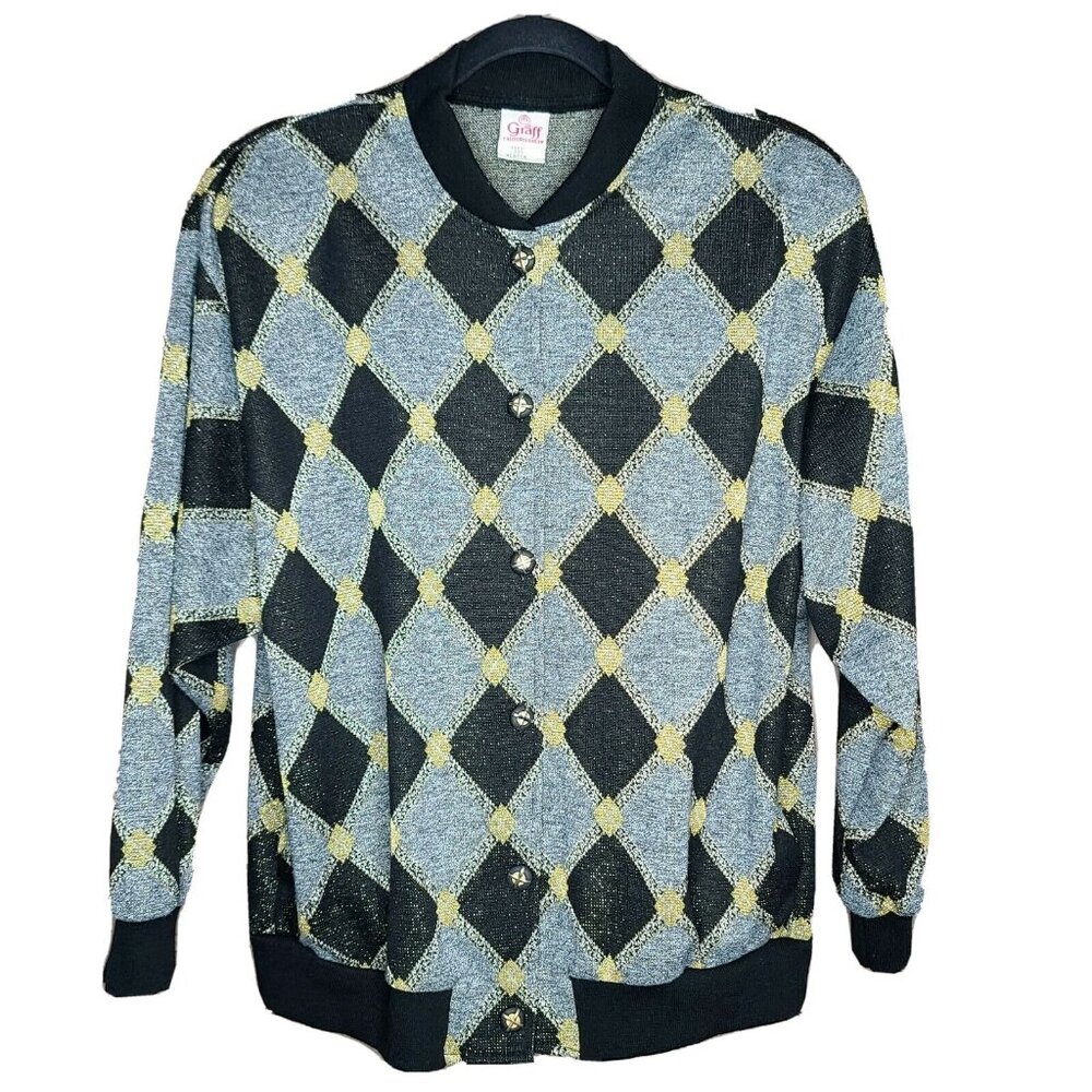 Graff Californiawear Cardigan Womens Medium Black Gray Diamond Glitter Button Up